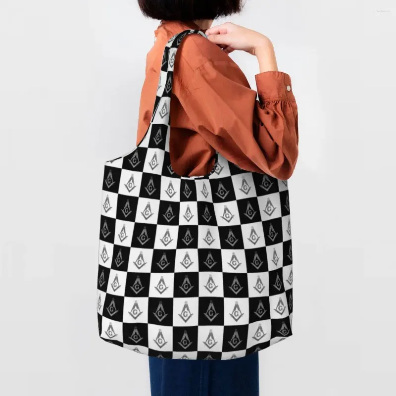 Sacos de compras Freemason Checkered Preto e Branco Padrão Tote Reciclagem Masonic Mason Mercearia Lona Shopper Bolsas de Ombro