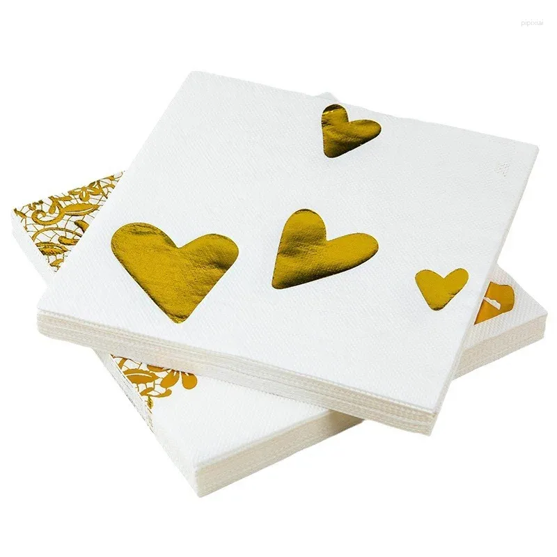 Serviette de table 20 pièces feuille d'or coeur aimant serviettes en papier de mariage romantique jetable 2 plis 33 33CM bronzant mariée marié serviettes