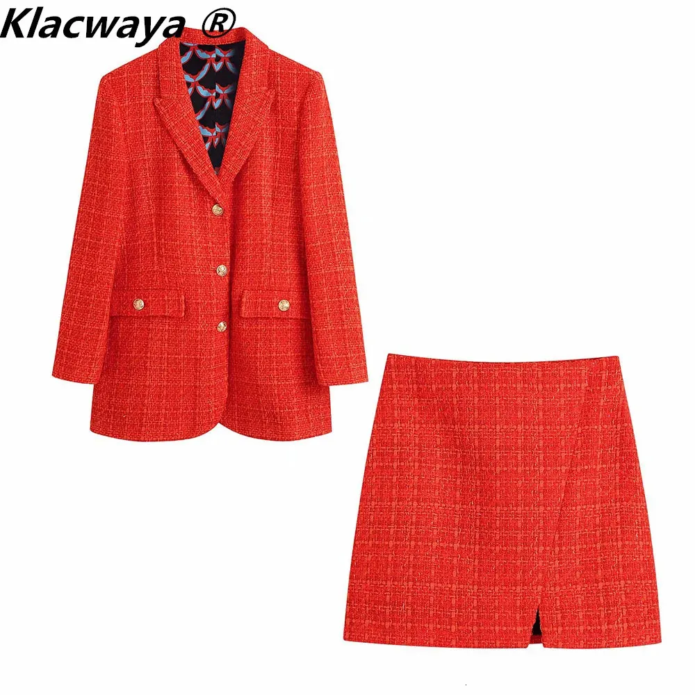 Klacwaya Women Fashion Twopiece Set Vintage Print Lining Tweed Blazer Coat Memale Slit Mini Skirt Chic Suit 240202