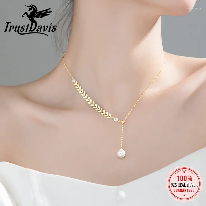 Pendentifs Trustdavis réel 925 en argent Sterling mode feuille synthétique perle clavicule collier pour les femmes de mariage bijoux fins DS1141