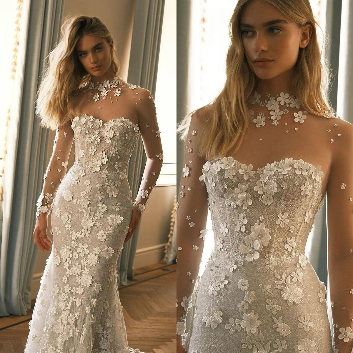 Romantisk sjöjungfru brudklänningar 3D-florala applikationer Bröllopsklänning Sheer Neck Långärmad skräddarsydd brudklänningar Vestido de Novia