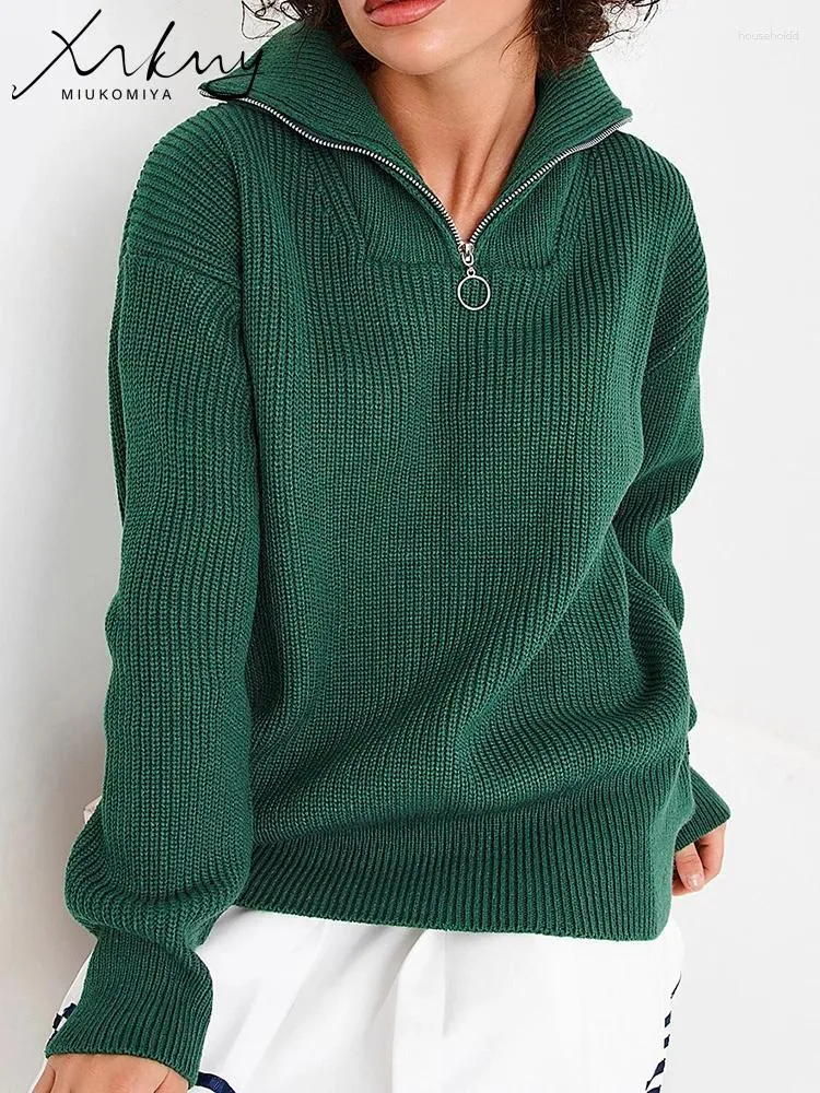 Maglioni da donna MiuKoMiYa Verde Donna Inverno 2024 con cerniera Pullover in maglia Maglieria allentata Maglione Oversize