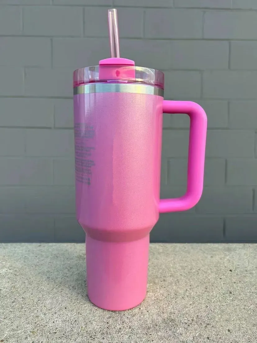 STOCK with Logo Starbucks Winter Pink Shimmery LIMITED EDITION 40 oz Tumblers 40oz Mugs Handle Lid Straw Water Bottle Valentines Day Gift Camping 0205
