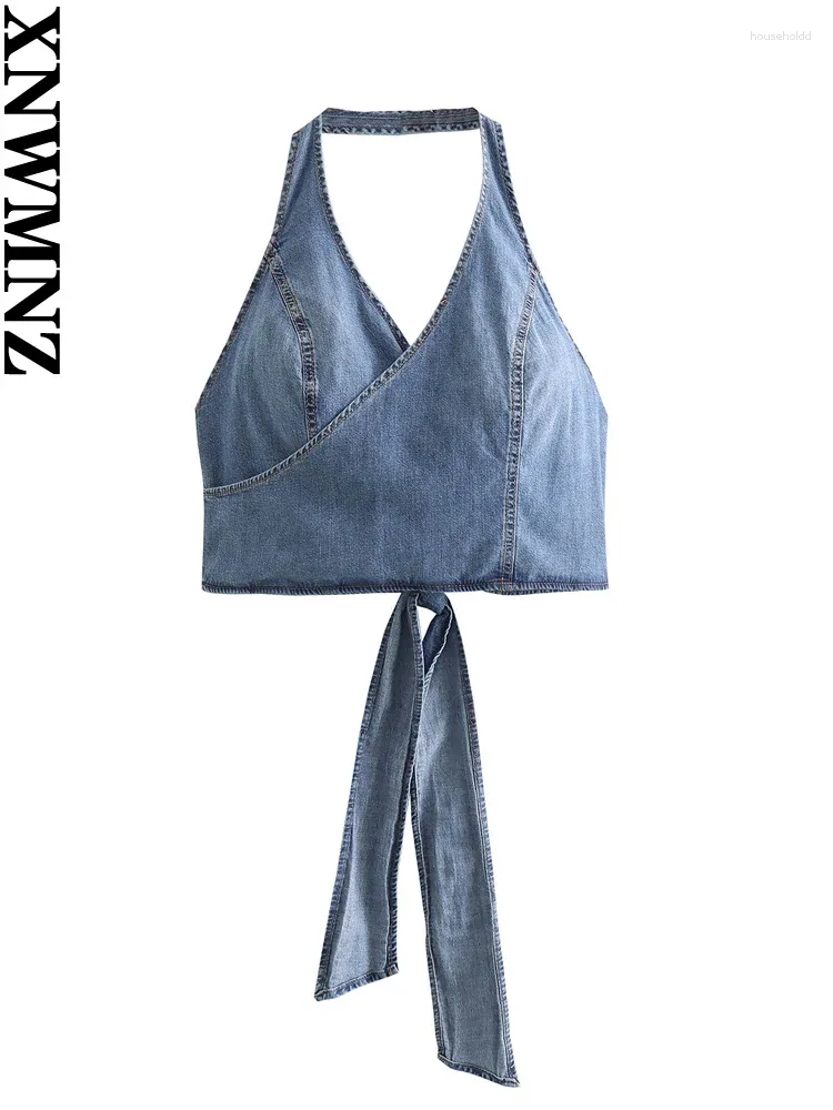 Kvinnors tankar xnwmnz mode 2024 denim överskott topp semester stil halter hals öppen baksida kvinna