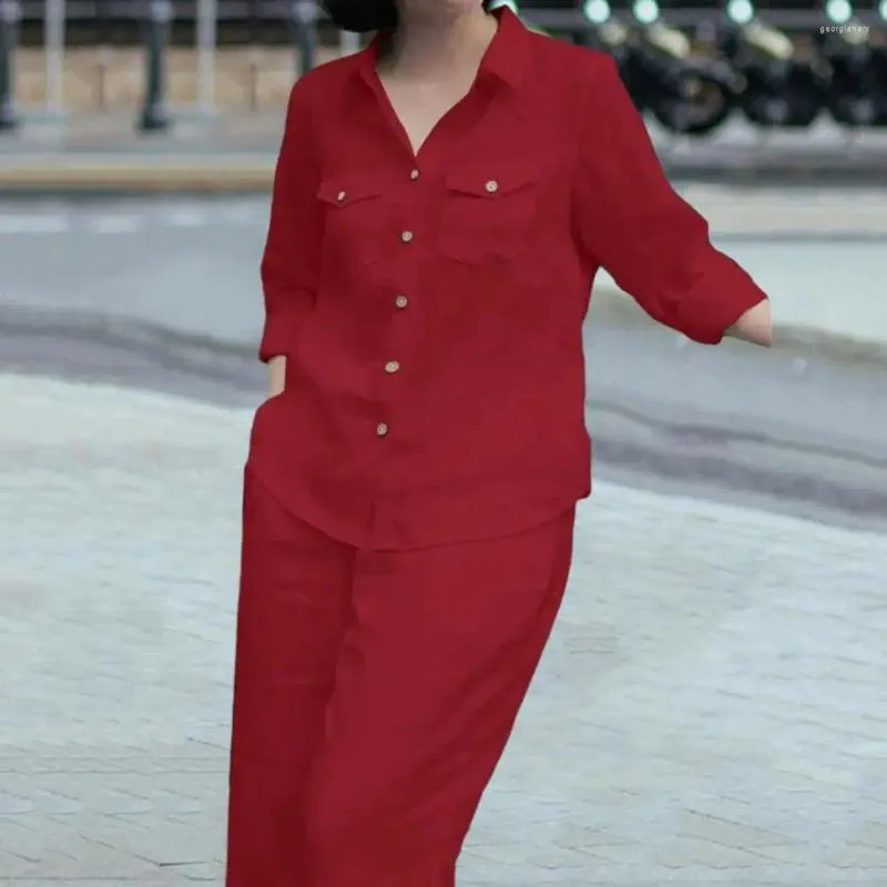 여자 2 조각 팬츠 단일 가슴 정장 단수형 옷깃 셔츠 바지 출퇴근길 2 느슨한 착용 복장을위한 긴 소매 포켓.