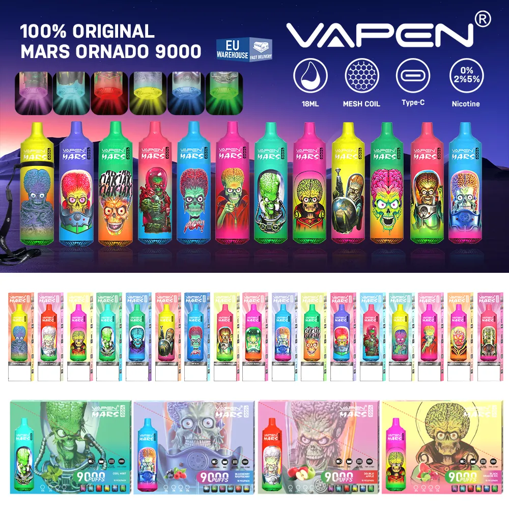 Armazém local da UE VAPEN MARS 9000 puff tornado descartável vape E Cigarettes Mesh Coil 18ml pod recarregável Puff 9K RBG Light cordão vape descartável em estoque