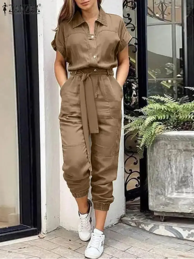 Zanzea mode sommar jumpsuits kvinnor eleganta lastbyxor långa lekar vintage solid lapel hals kort ärm arbete rompers 240129