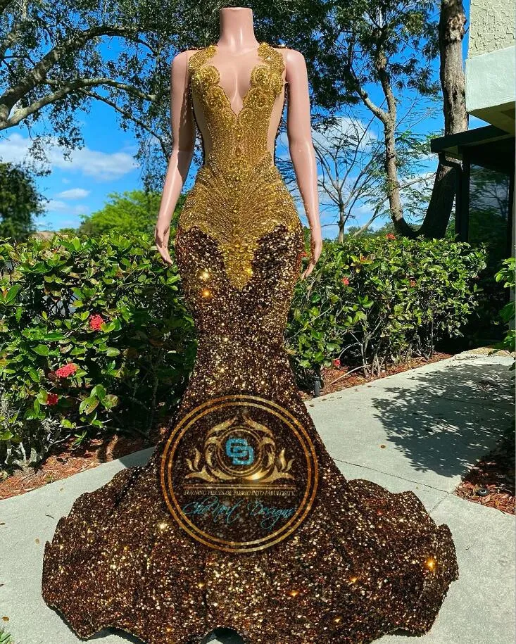 Brown Sparkly Mermaid Evening Party Gala Dresses for Women Luxury Diamond Crystal Velvet Prom Ceremony Gown Robe de Soiree