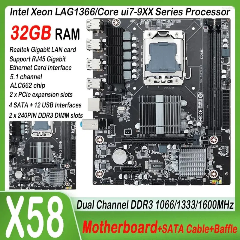 마더 보드 X58 마더 보드 4 SATA LGA 1366 데스크탑 듀얼 채널 DDR3 지원 E5640 32GB RAM 8 USB2.0 컴퓨터 구성 요소