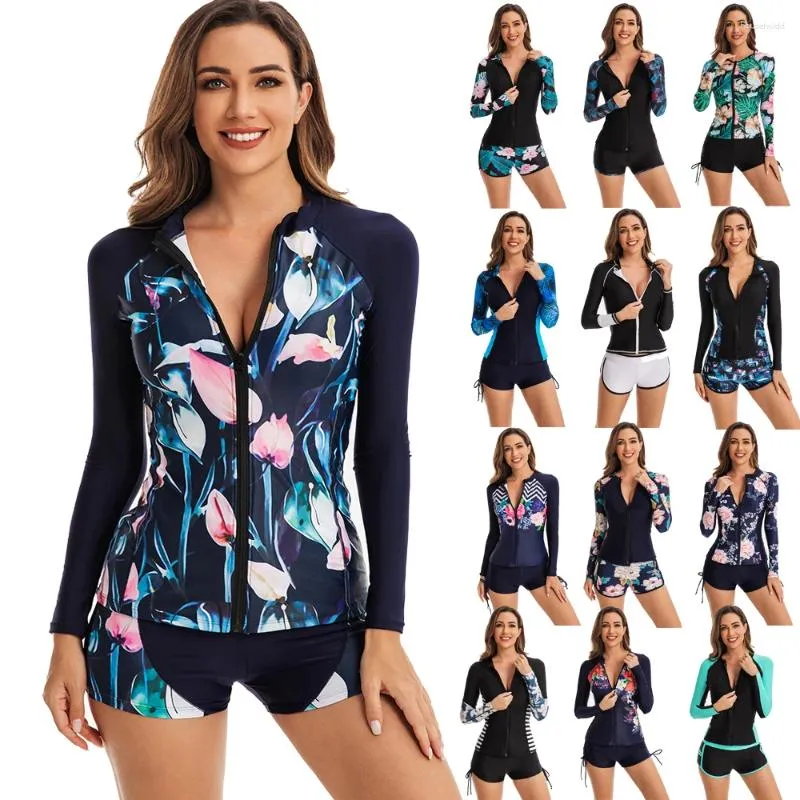 Roupa de banho feminina manga longa duas peças surf maiô feminino 2024 cordão floral feminino rash guards nadar beachwear maiô