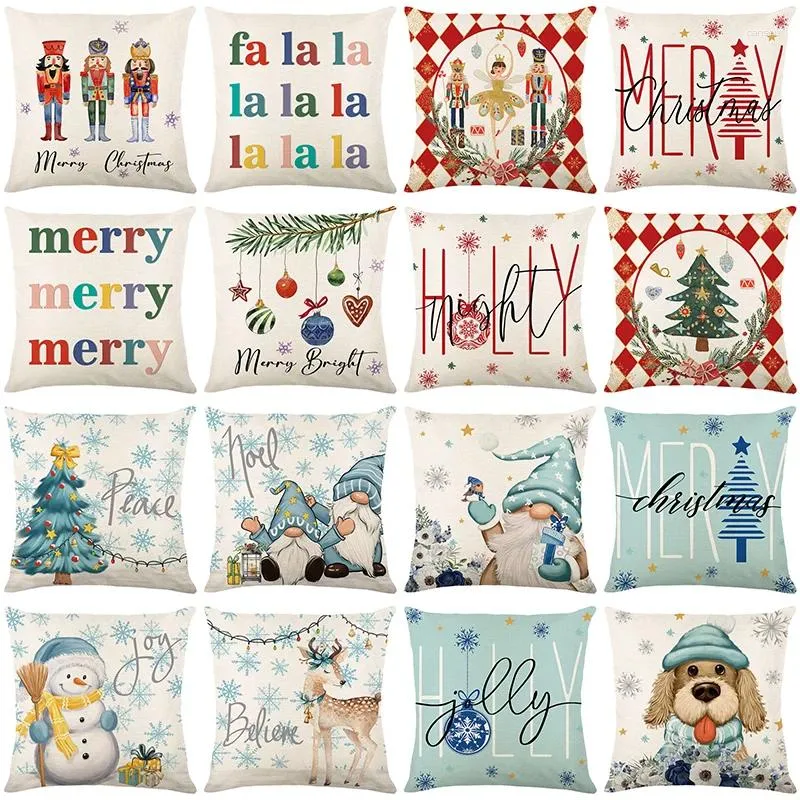 Pillow Cartoon Christmas Doll Pillowcases 45x45cm Linen Cover Santa Claus Snowman Dog Print Home Sofa Decorations