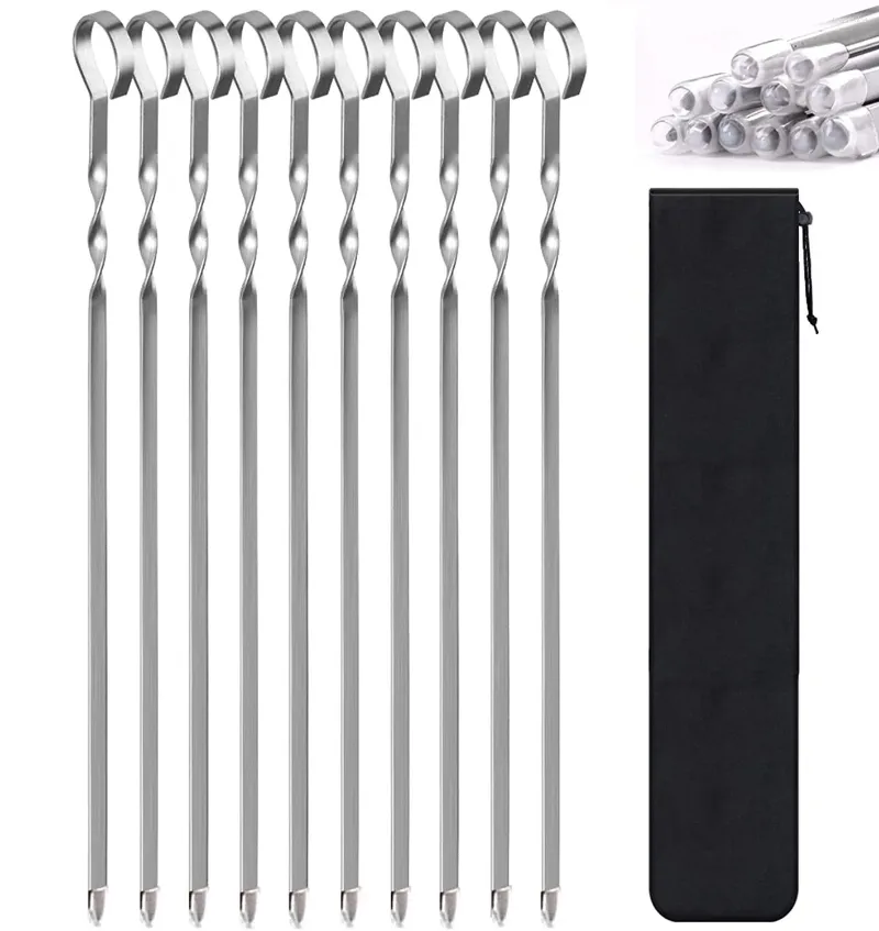 Outils 10 pièces brochettes de barbecue 36/40 cm fourchettes plates en acier inoxydable bâton de rôti de gril réutilisable pour les Gadgets de pique-nique en plein air ustensile de cuisine