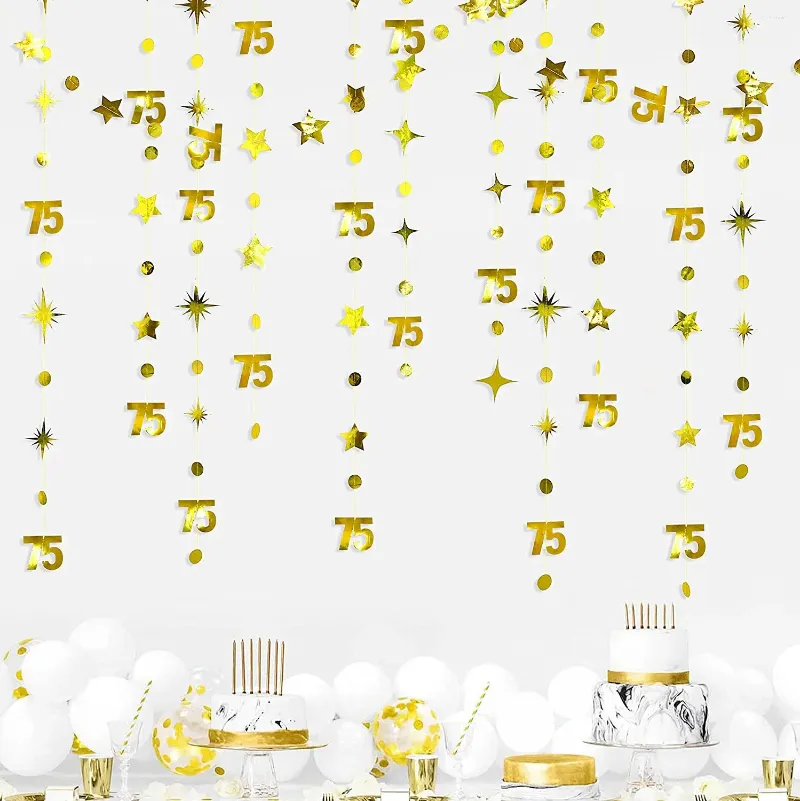 Party Decoration Gold Happy 75th Birthday Number 75 Circle Dot Twinkle Star Garland Hanging Streamer Backdrop For Year Old