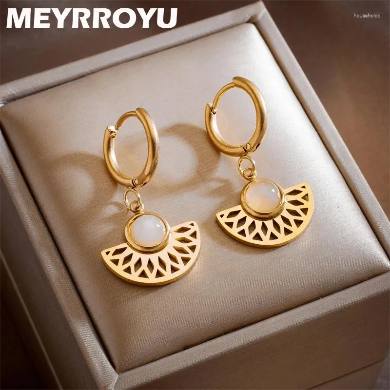 Boucles d'oreilles cerceau MEYRROYU 316L acier inoxydable secteur métal blanc pierre charme pour femmes déclaration bijoux cadeau Aretes De Mujer