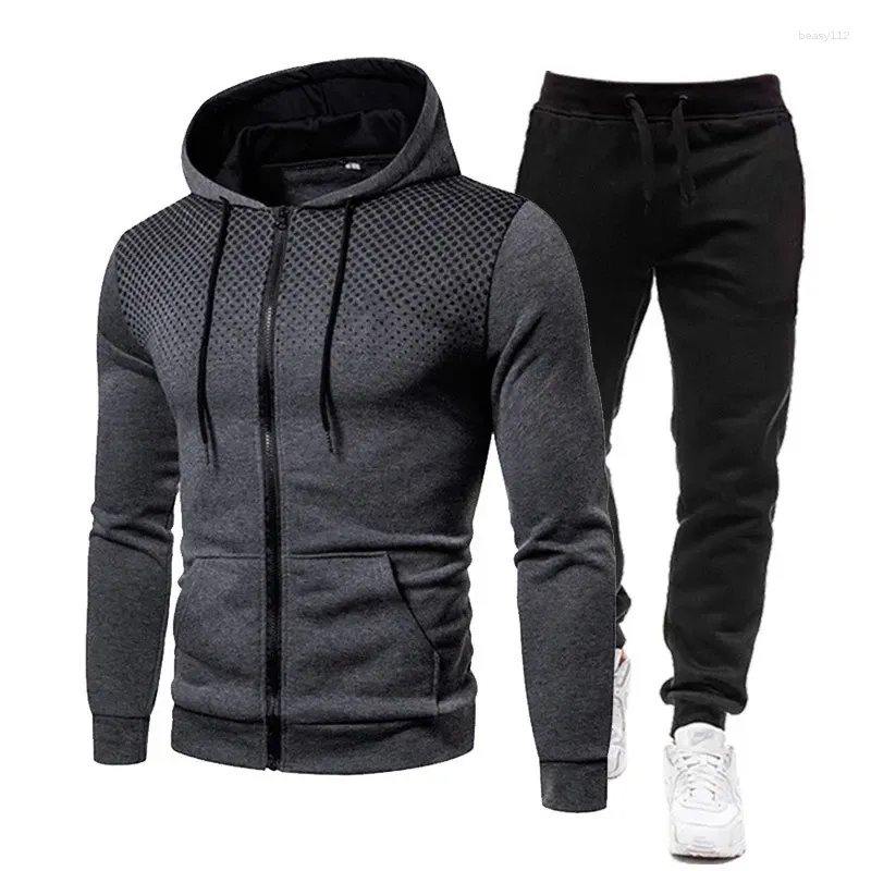 Tracksuits masculinos inverno europeu e americano cor sólida lã calças esportivas casual zíper chapéu engrossado ver ampliado