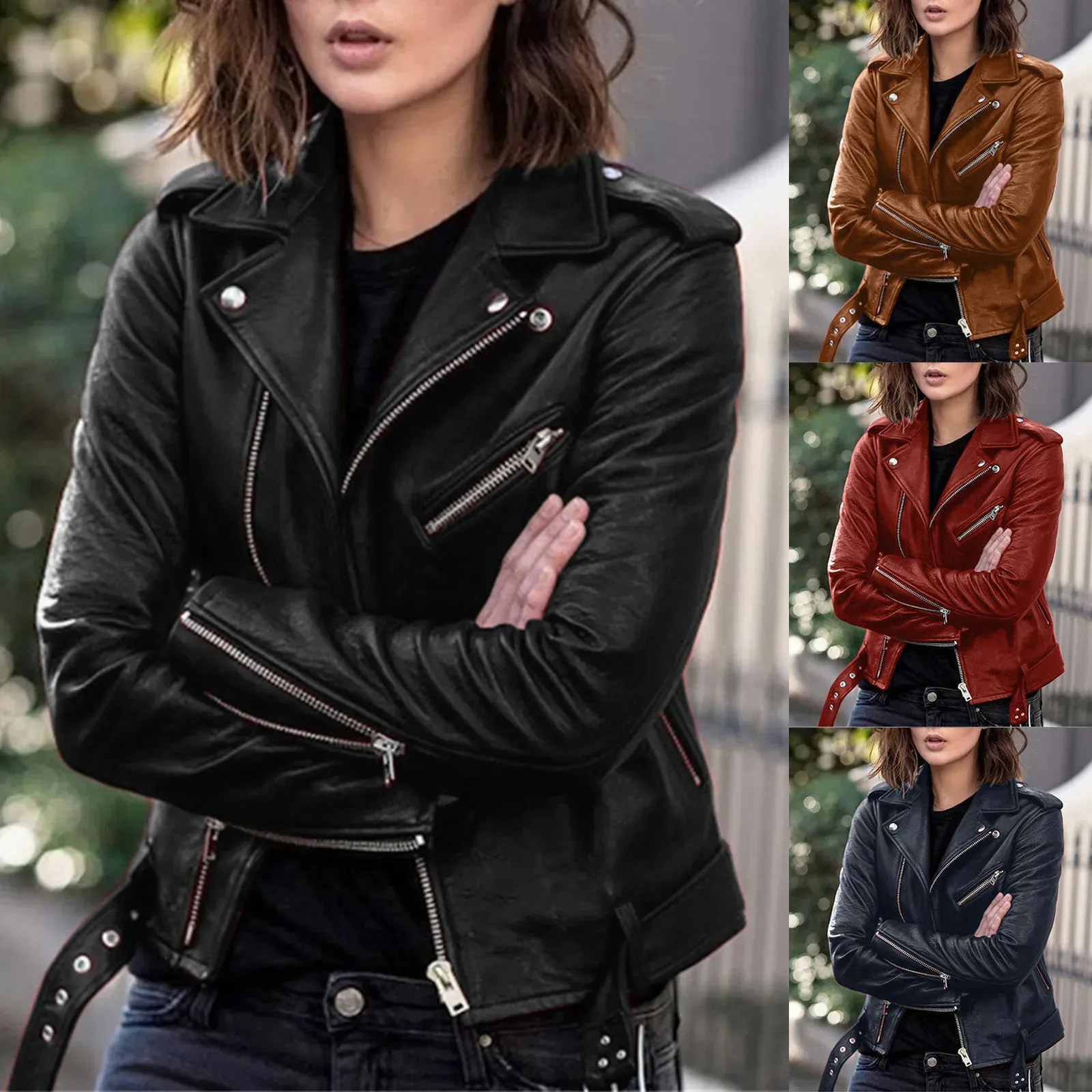 플러스 사이즈 5xl 가짜 가죽 자켓 여성 캐주얼 PU 느슨한 오토바이 재킷 여성 세련된 짧은 재킷 코트 숙녀 슬림 코트 240124