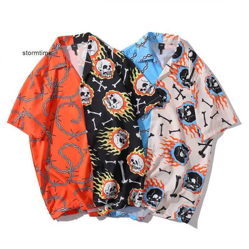 Hip Hop chemises pour hommes Streetwea hawaïen feu crâne chaîne Harajuku plage chemise été hauts à manches courtes