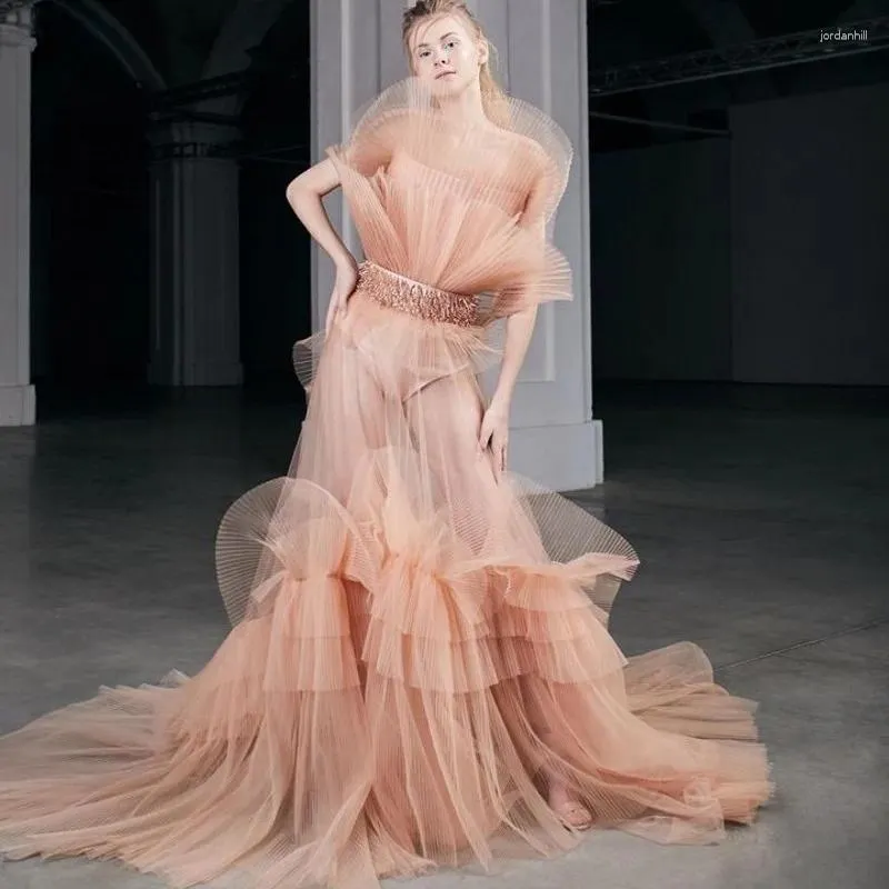 Casual Dresses Sexy See Thru Champagne Ruched A-line Long Gowns Women Maxi Strapless Pleated Tulle Robe To Phtotoshoots