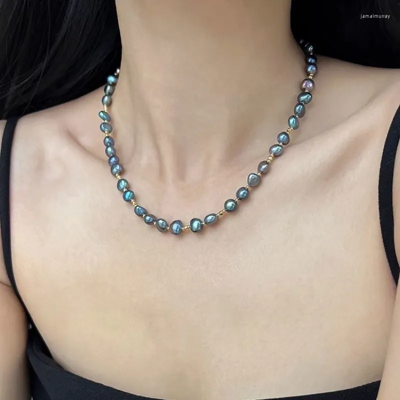 ALLME – colliers ras du cou Vintage en perles d'eau douce pour femmes, couleur bleu AB, en cuivre plaqué or et argent véritable, longue chaîne de pull
