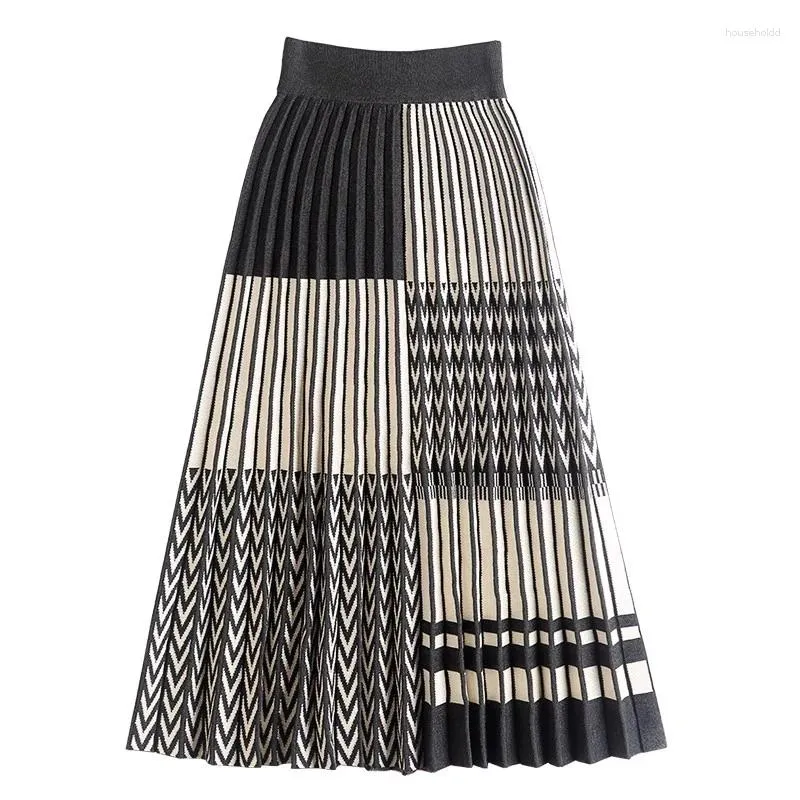 Jupes Tigena tricoté jupe longue pour femmes 2024 automne hiver Vintage Patchwork géométrique imprimé une ligne taille haute plissée femme