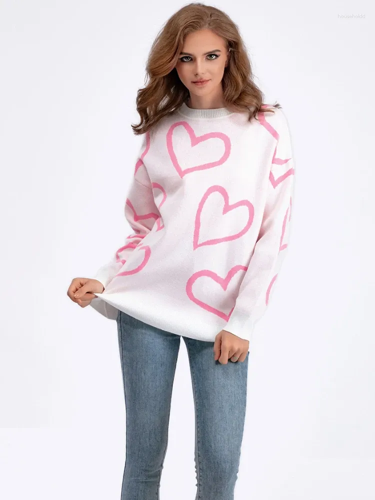 Women's Sweaters Winter Pullovers 2024 Heart Print O-Neck Basic Vintage Casual Oversized Jumper Thick Warm Knitted For Women