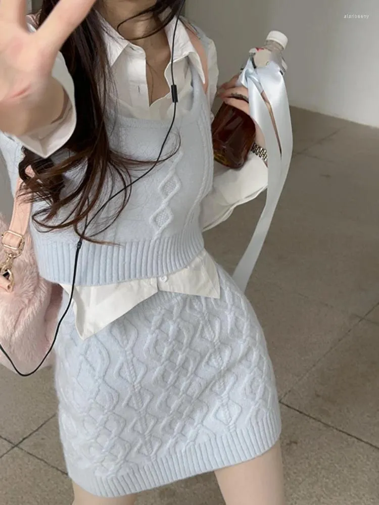 Robes décontractées Costume de mode japonaise Jupe Femme Sweet Crop Tops Slim Bodycon Mini Pull tricoté 3 pièces Ensemble Office Lady 2024 Automne