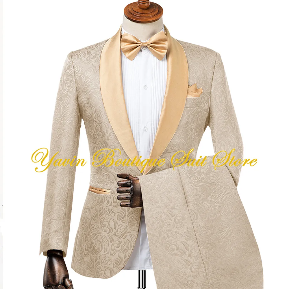 Abito da sposa da uomo Champagne Collo a scialle Jacquard Giacca da smoking da sposo Pantaloni Papillon 3 pezzi Set abiti da uomo