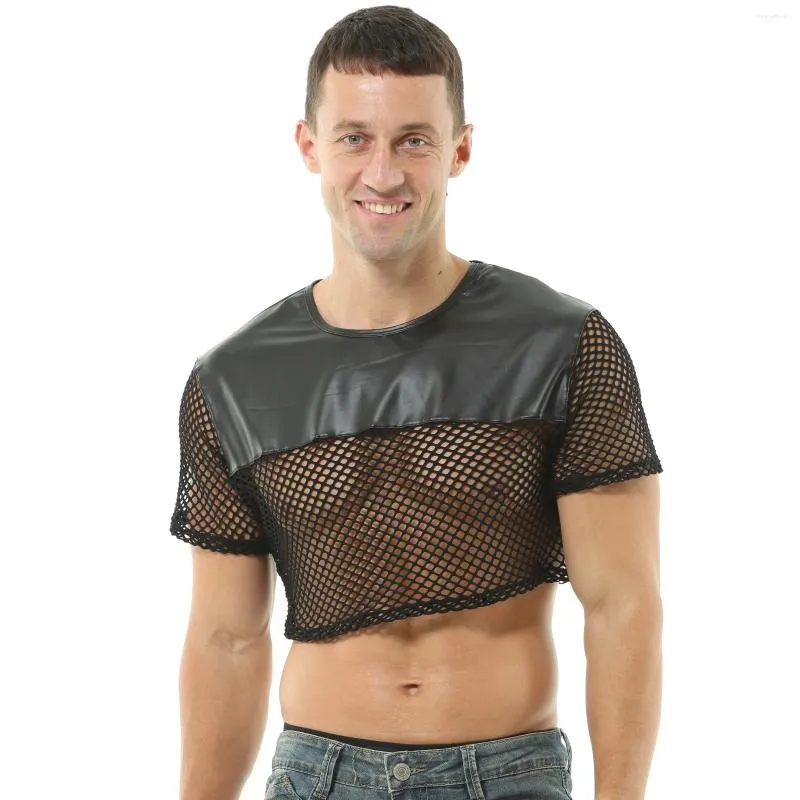 Set di reggiseni CLEVER-MENMODE Top corto da uomo sexy PU Pelle Mesh Lingerie Mini gilet Canotte Manica corta Clubwear muscolare Costume erotico O-Collo