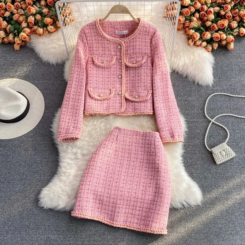 Blazer mini saias ternos feminino xadrez curto conjunto de duas peças outono rosa branco fino tweed jaqueta meia saia feminina conjuntos de duas peças 240124