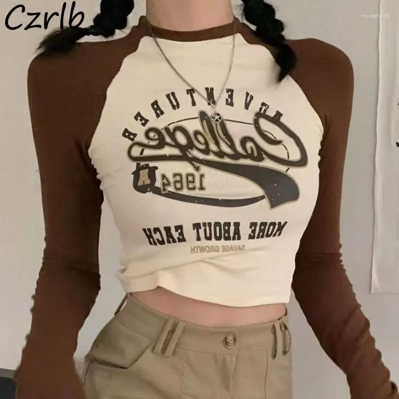 Mulheres camisetas Sexy Crop Tops Mulheres American Retro Impressão Camisetas Skinny Moda Streetwear Chic Simples Casual College Ins All-Match