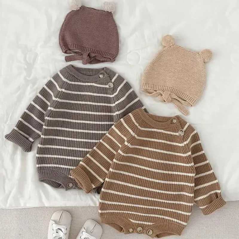 幼児秋の編みセーター縞模様の長袖ボディスーツ生まれた少年の女の子編みコットンカジュアルワンシーベイビーニットウェア服240118