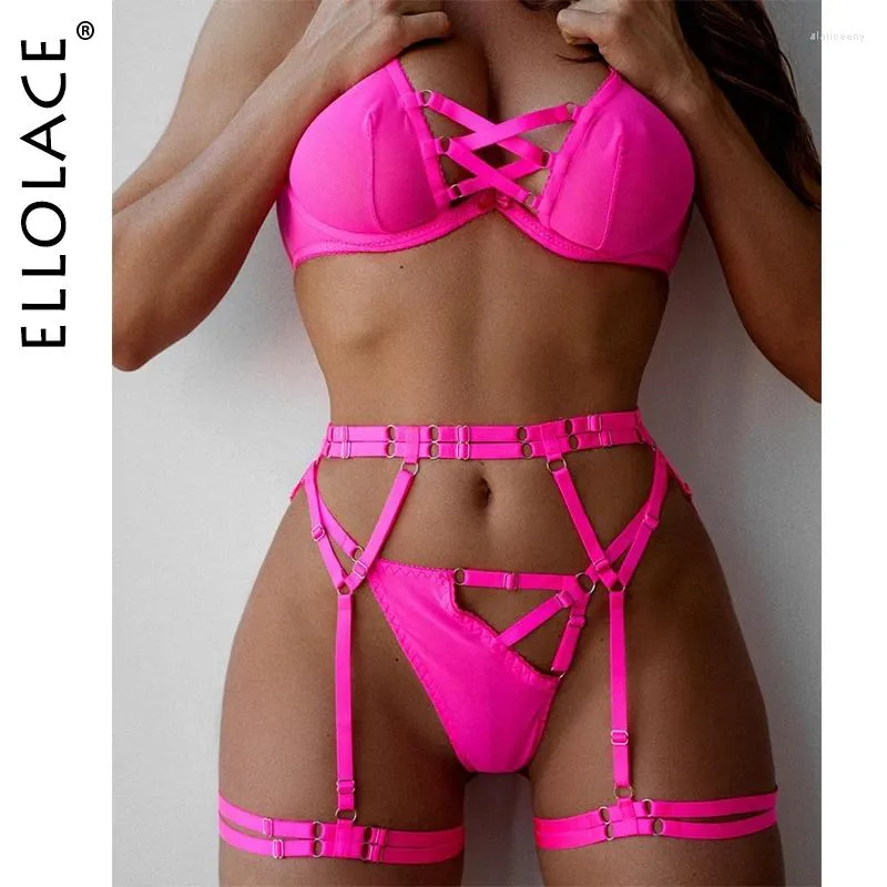 Bras Sets Ellolace Pink Erotic Lingerie Lace Up Fancy Delicate Underwear See Through Mesh Bra Kit Push Cut Out Seamless Intimate Goods