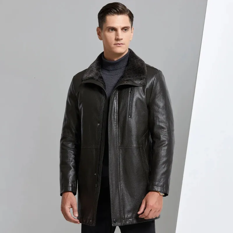 YN-8819 Fourrure Intégrée Veste En Cuir Pour Hommes Mi-longueur Épaissie En Peau De Mouton Naturelle Revers Maison Veste Décontractée Ventes Directes D'usine 240131