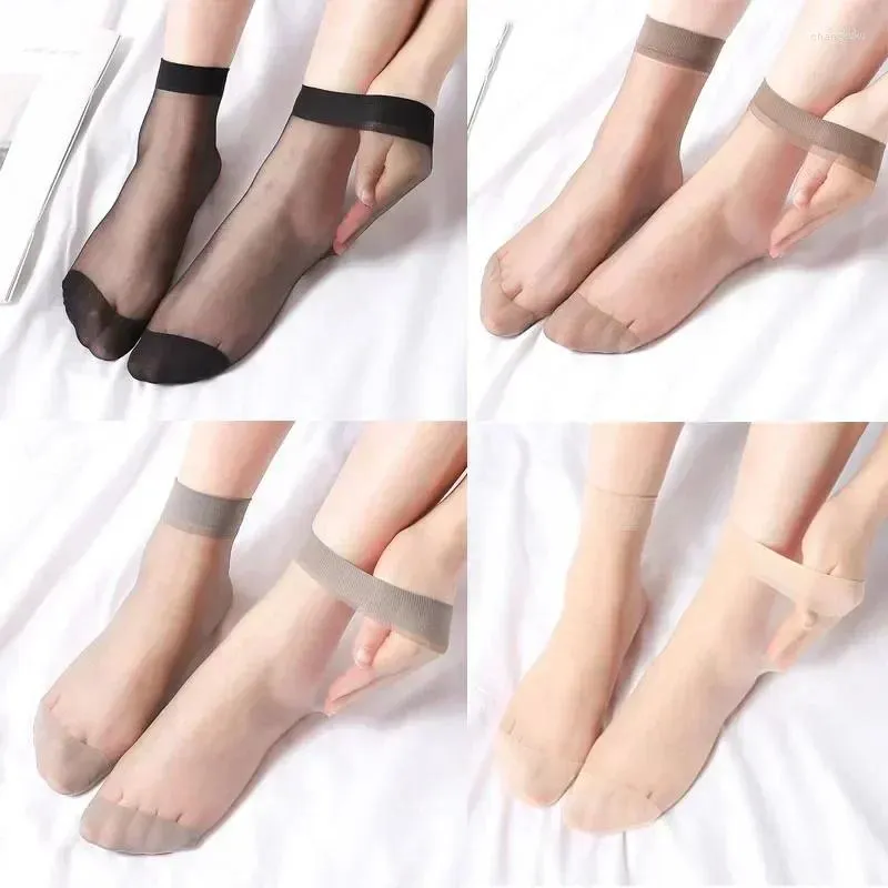 Frauen Socken 5 Paare/los Schwarz Haut Farbe Transparent Dünne Kristall Seide Nylon Mode Damen Weibliche Sommer Kurze Knöchel