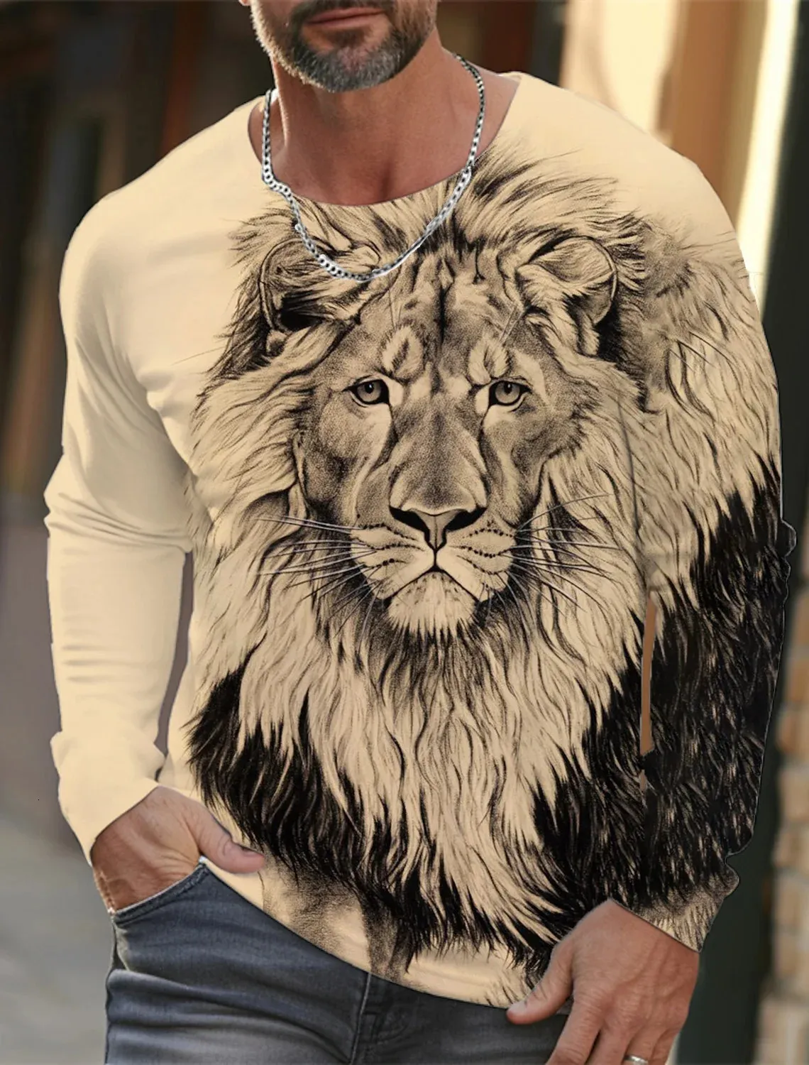 Heren t-shirt patroon leeuw print ronde hals bruin 3D outdoor dagelijks kledingontwerper met lange mouwen 240201