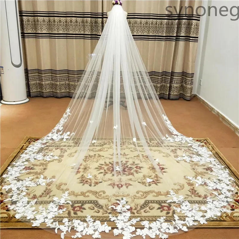 Real Po 3m.4m.5m voile de mariage une couche avec peigne bord en dentelle blanche voiles de mariée ivoire appliqué voile de mariage cathédrale 240123