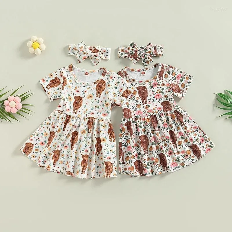 Vestidos para meninas FOCUSNORM 0-4 anos, crianças, meninas, vestido de verão, 2 peças, manga curta, vaca, estampa floral, linha a, conjunto de faixa de cabeça