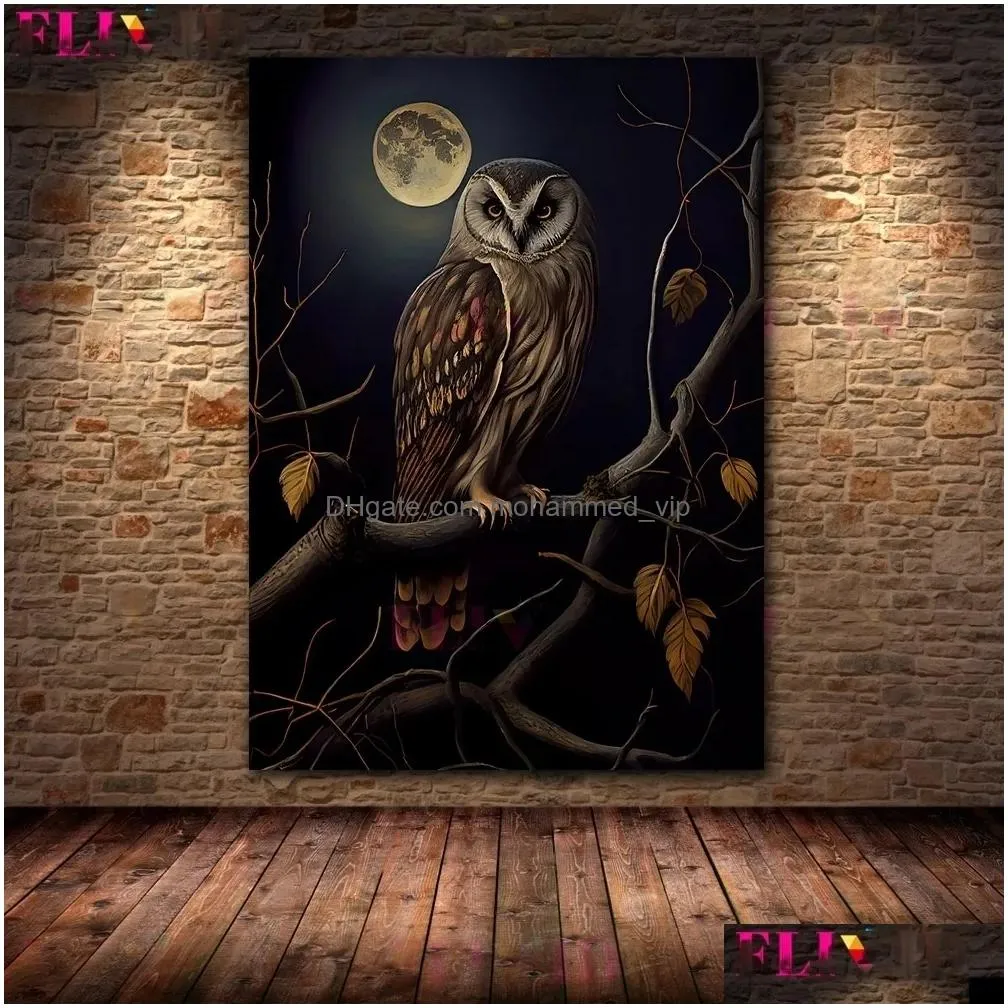 Peintures Bat Black Cat Sorcière Antique Hibou Raven Mur Art Toile Peinture Dark Witchy Halloween Gothique Vintage Affiche Imprimer Home Déco Dhqli