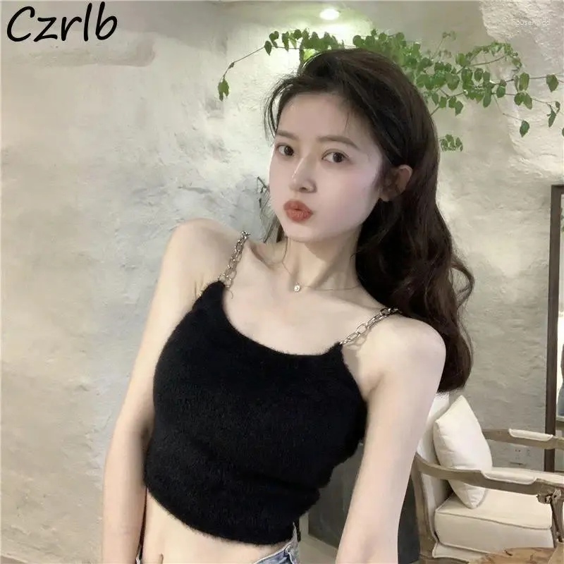 Women's Tanks Camis Women Crop Top Sexy Navel All-match Summer Chain Basic Trendy Solid Skinny Clothing Fashion Vintage Harajuku Elegant