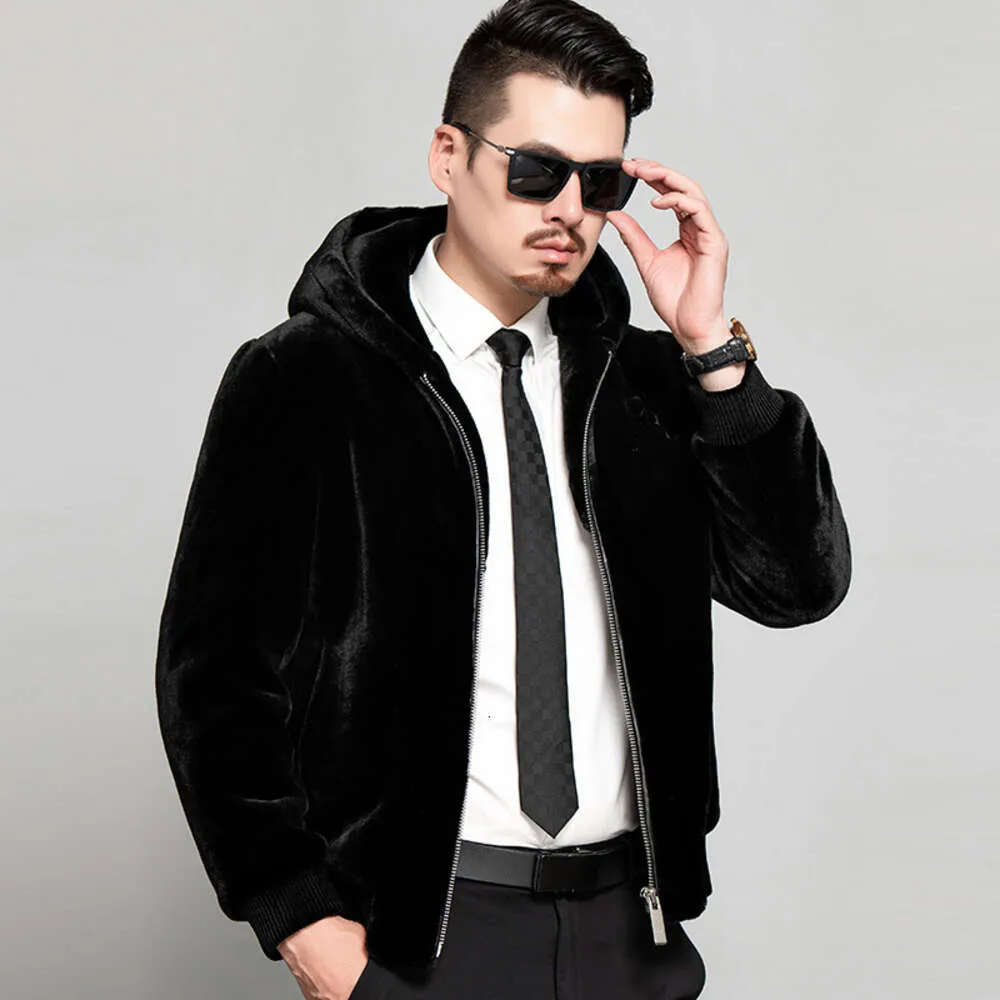 Designer Winter Mens Mid Length Haining Fur Integrated Mink Coat Middle Aged and Young Hooded Thickened MCEK