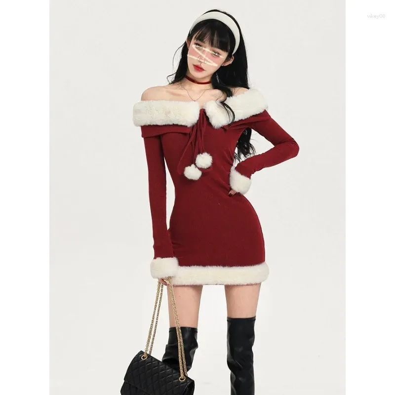 Casual Dresses 2024 Winter Spicy Girl Lamb Hair Spliced One-line Neck Skirt Sexy Wrapped Hip Dress Christmas Streetwear Bodycon Mini