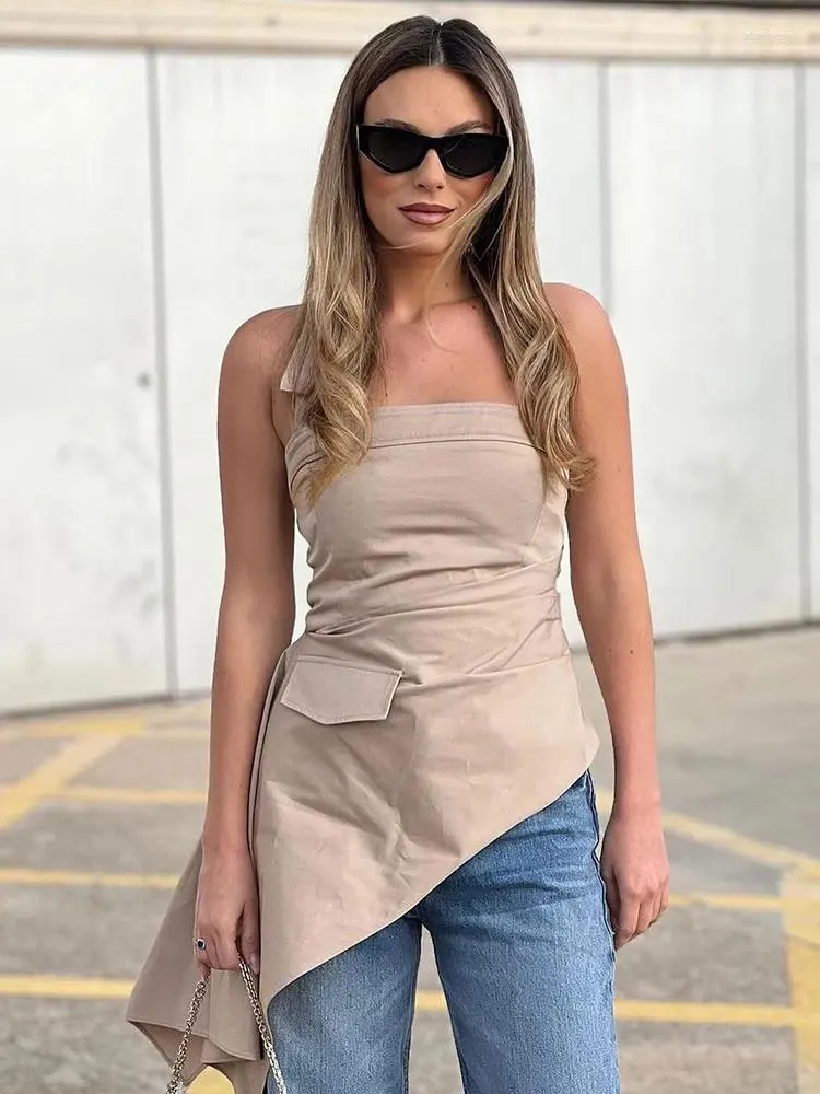 Kobiety dla kobiet nlZgmsj Traf Summer Fashion Women Bustier Asymetryczne drapowane bez rękawów bezczelne kantarne top żeńska camis khaki