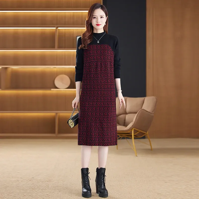 KVINNA KOREAS Fashion Sweater Dress Office Lady Wool Sticked Sweet Elegant Temperament Oneck AllMatch 240131