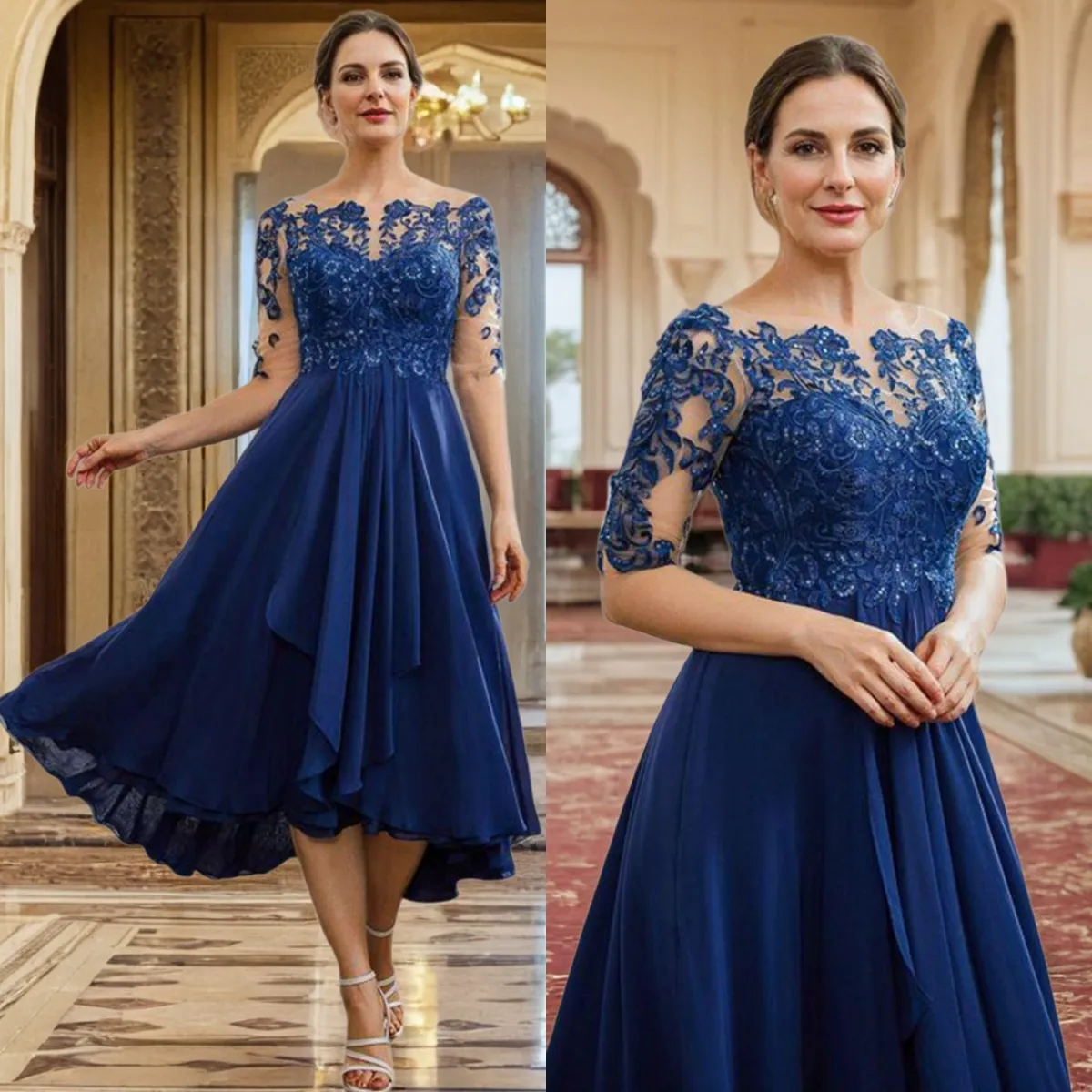 Elegant Mother Of The Bride Dresses Royal Blue Lace Gown Sheer Neck ...