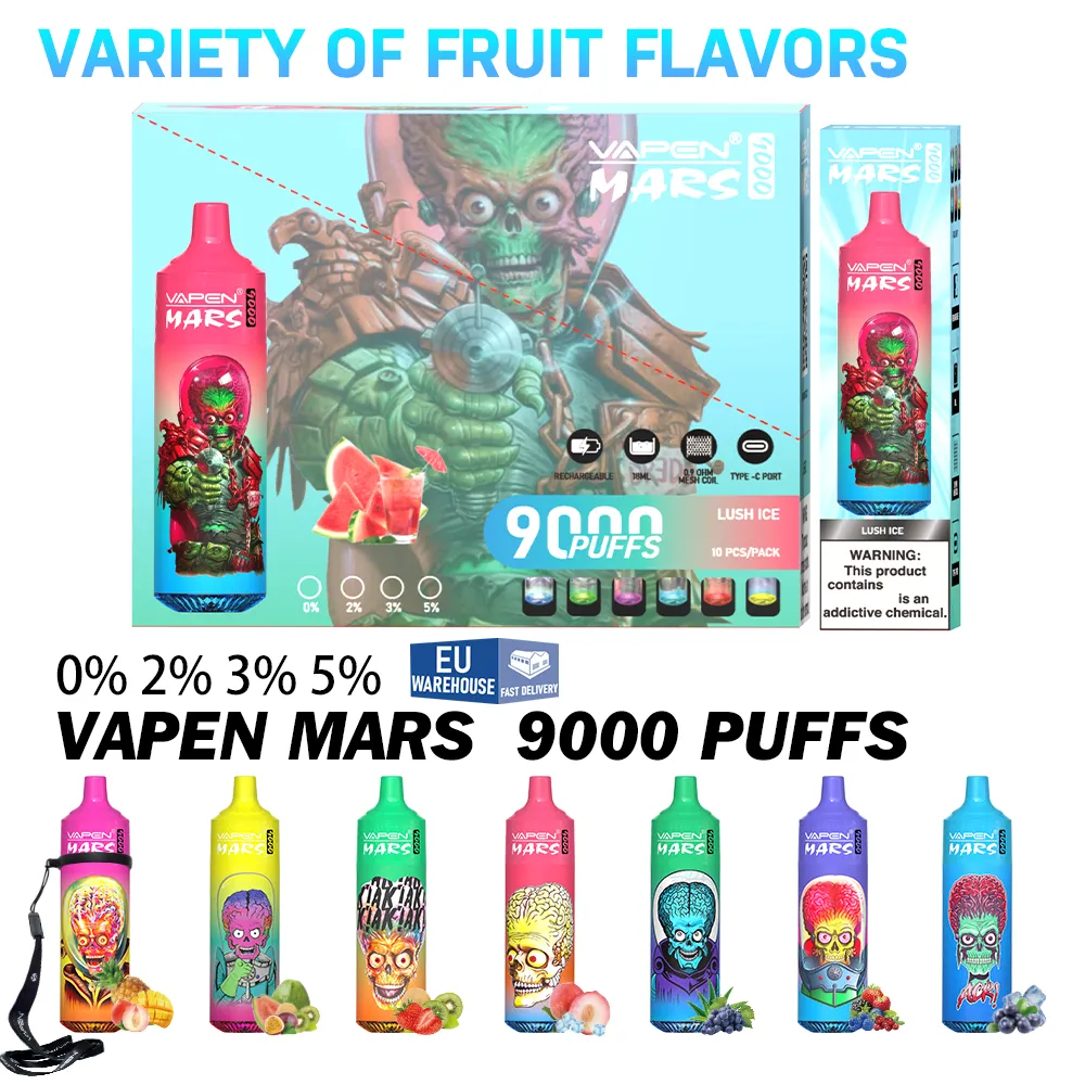 Original Vapen Mars Puff 9000 Prefilled Disposable Vape Rechargeable Battery Mesh Coil Big Vapor 6 Colors RGB Light Multi SHISHA Flavors vape desechable EU SHIP