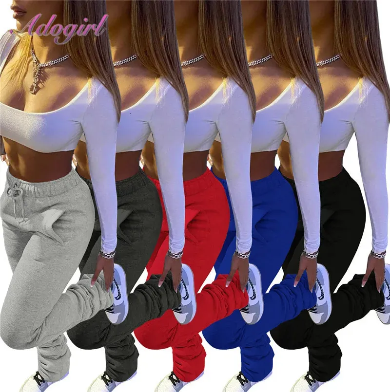 Stacked Pants Women Solid High Waist Drawstring Bell Bottom Flare Pleated Pants Casual Active Leggings Thick Sweatpants Trousers 240122