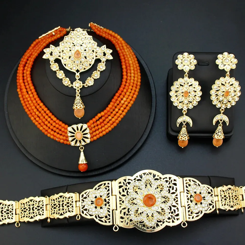 Neovisson Elegent Morocco Jewelry Sets Gold Color Waist Chain Belt Orange Crystal Choker Necklace Drop Earring Brooch Gift 240202