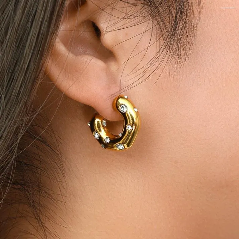 Hoop örhängen rostfritt stål C form guldfärg silver för kvinnor geometriska öronringar inlay zirkon på koreanska