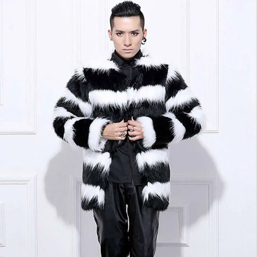 Designer Mens Winter Faux Fur Striped Warm Coat Oversized Medium Length IUX9