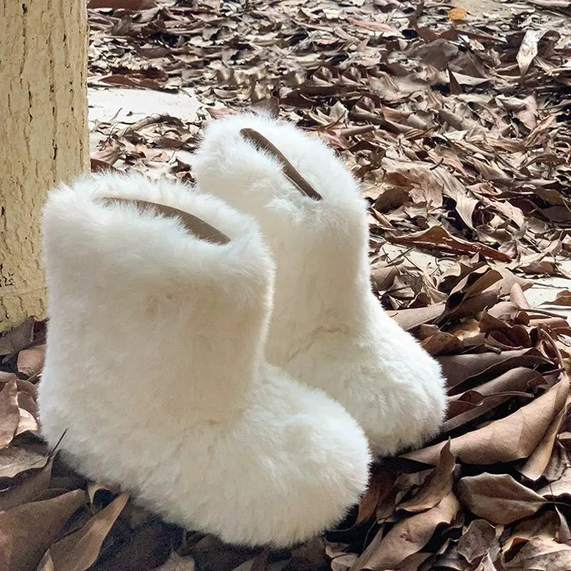 Stivali soffici e caldi peluche per neonate stivaletti in pelliccia spessa di lusso per bambini, scarpe invernali in cotone con punta tonda e scarpe da esterno